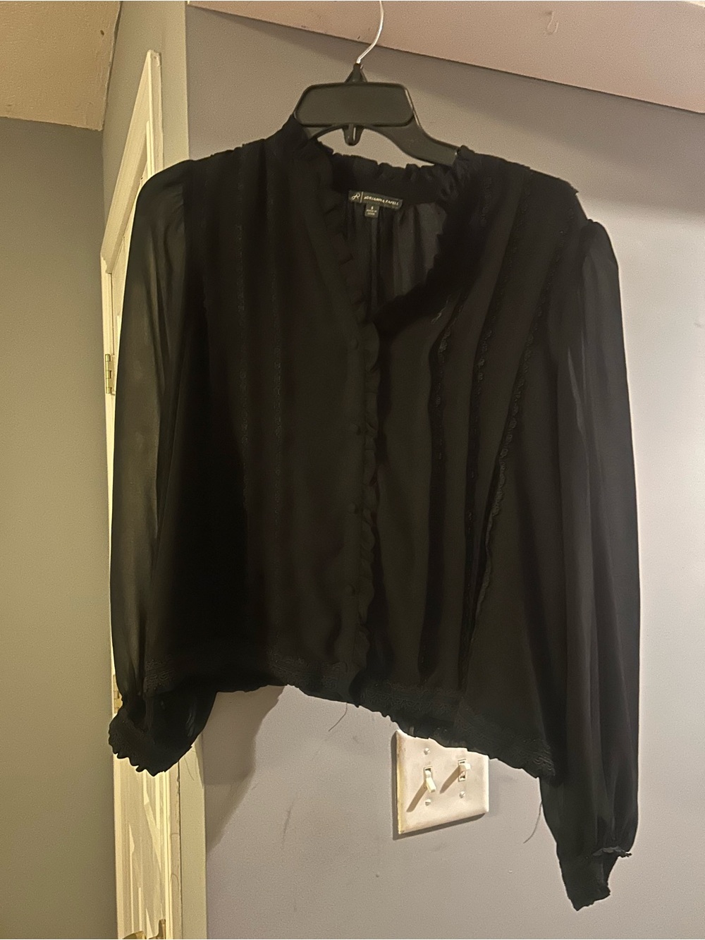 Adrianna Papell Black Sheer Ruffle-Trim Button Blouse